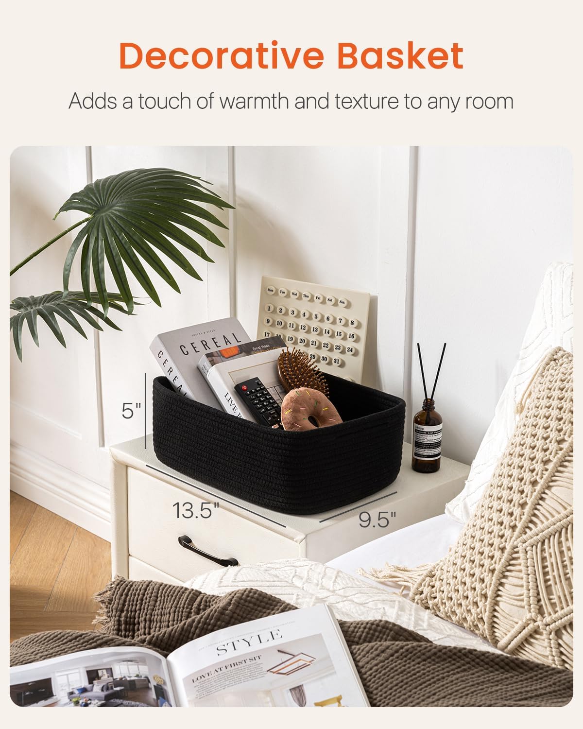 Small Woven Basket, 13.5 x 9.5 x 5 Inches, Storage Basket for Organizing, Cute Small Rope Shelf