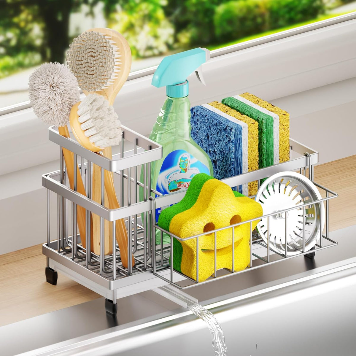 SWTYMIKI Sink Caddy Sponge Holder - Large Sponge Holder for Kitchen Sink with 360°Auto-Drain Tray