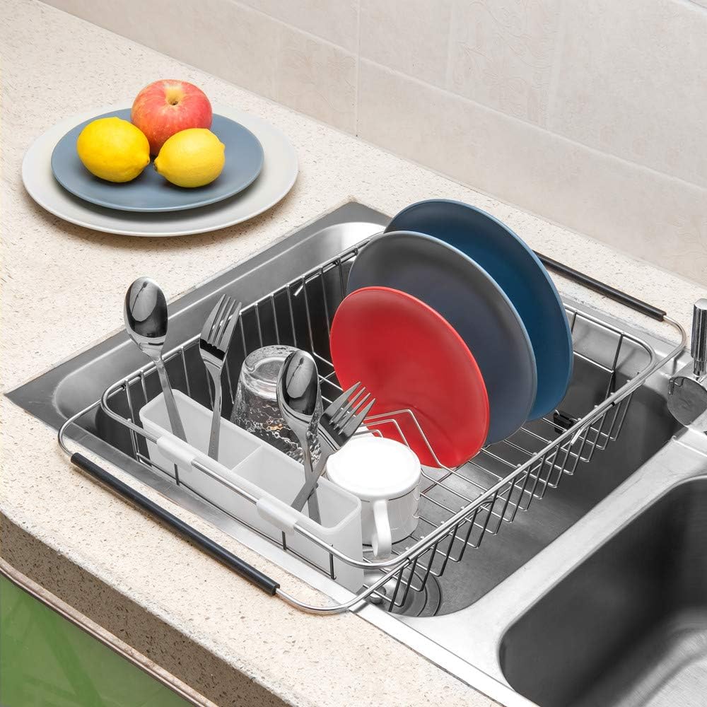 SANNO Dish Drying Rack, Expandable Dish Drainer Over Sink in Sink On Counter with Utensil