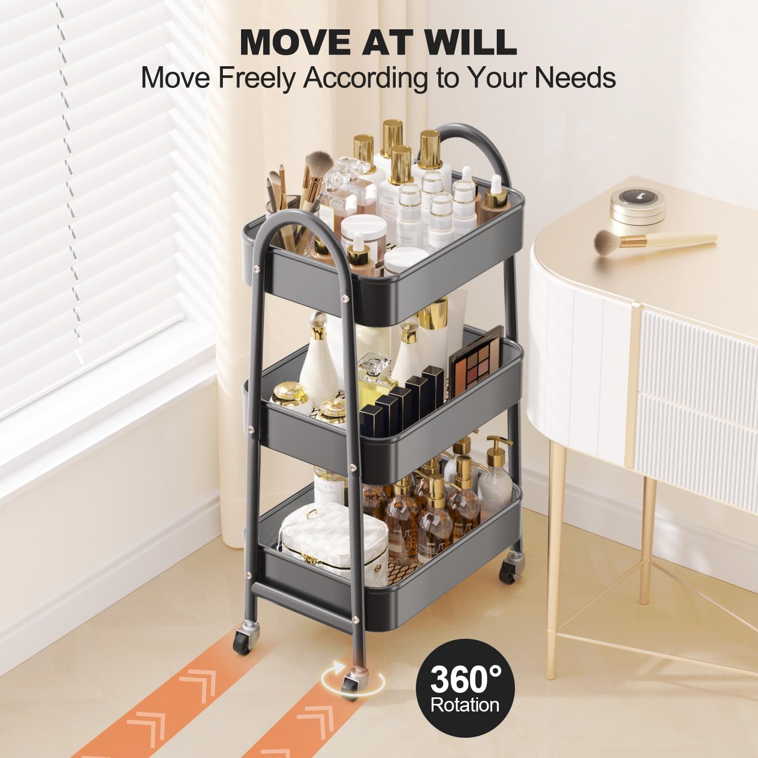 EAGMAK 3 Tier Rolling Cart, Large Metal Storage Cart with Handle and Lockable Wheels, Big