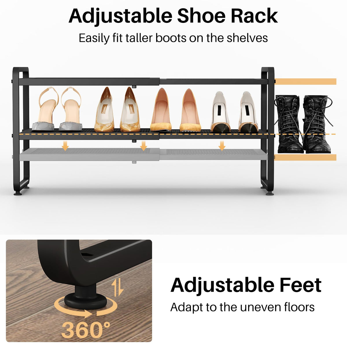 Expandable Metal Shoe Rack for Closet, Entryway & Garage, 2-Tier, Black