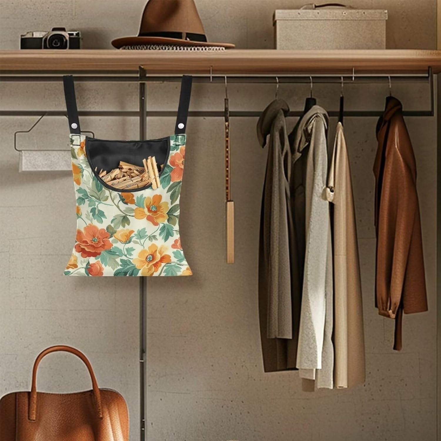 Art Flower Clothespin Bag Clothes Pin Hanging Bag Clothespin Bag with Hanging Hook 12 x 14.6 Inch