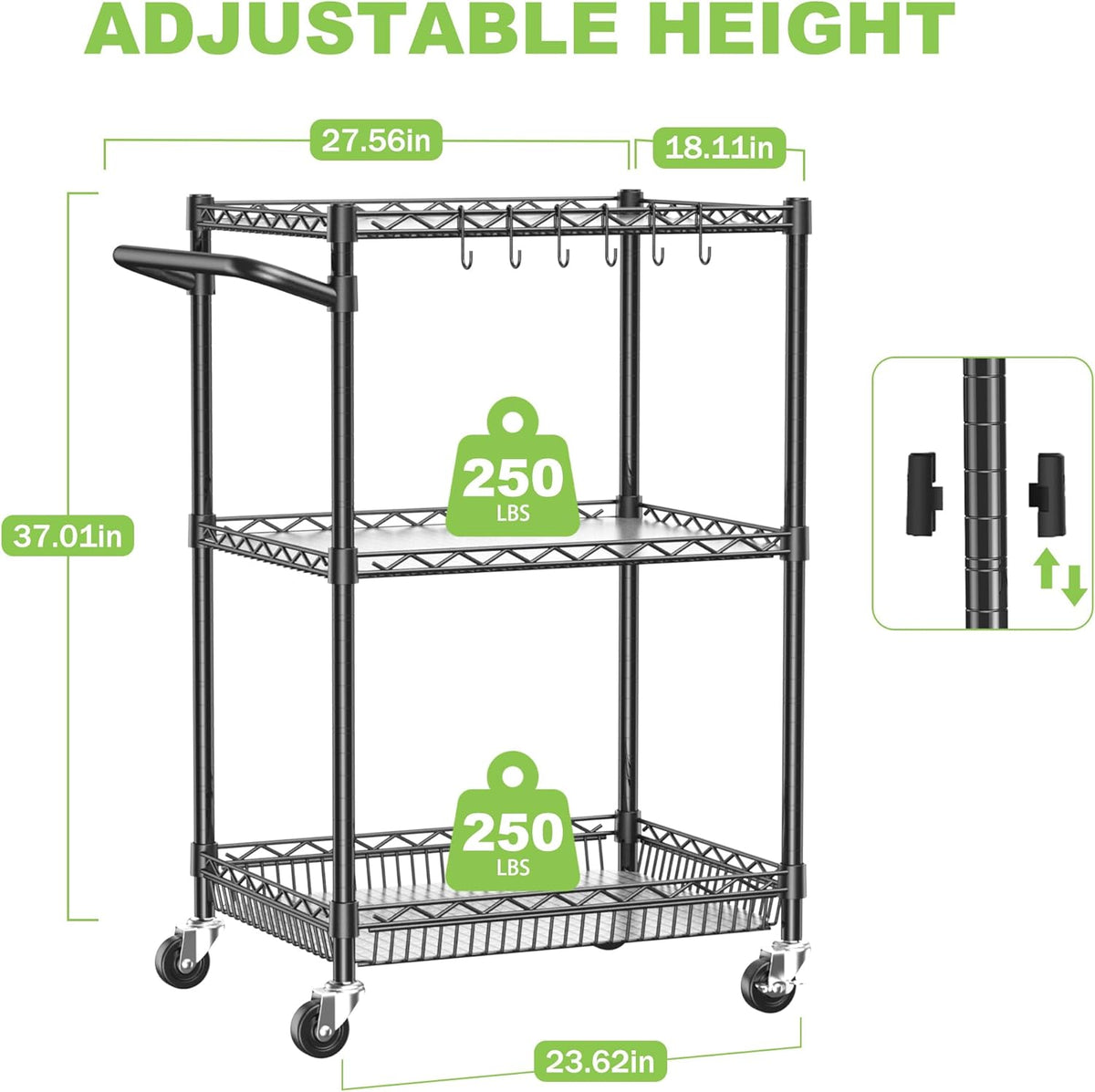 Metal Steel Wire Cart with Wheels, 3 Shelf Rolling Cart, Kitchen Trolley with Handle Bar&Shelf