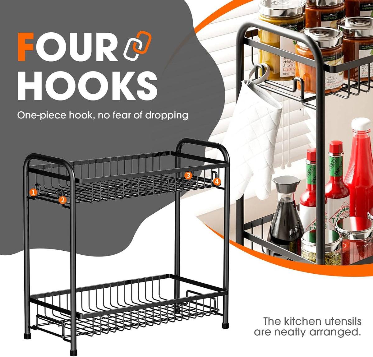 Spice Rack for Countertop, 2-Tier Standing Sturdy Metal Seasoning Organizer Holder, Space Saving