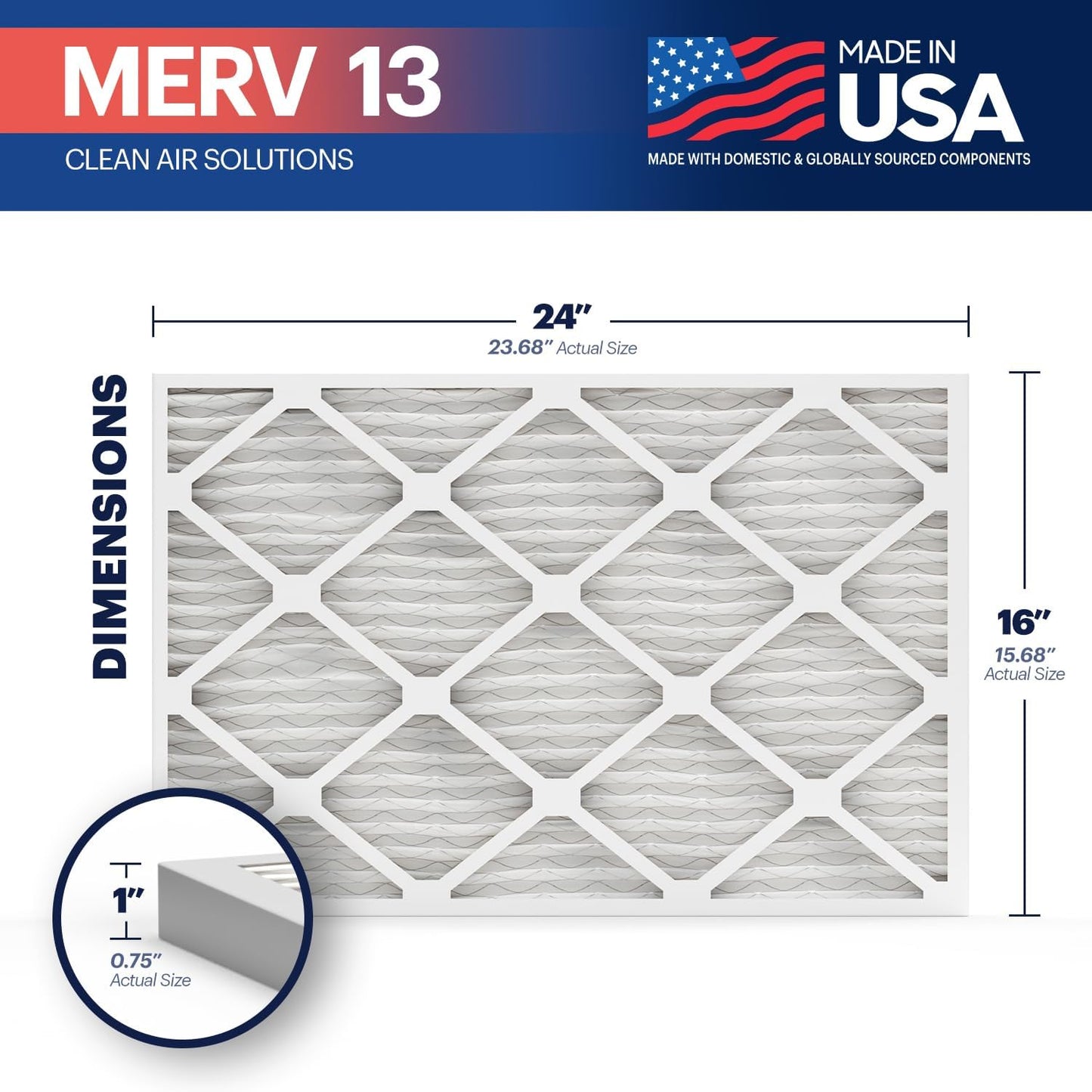 BNX TruFilter 16x24x1 Air Filter MERV 13 (4-Pack) - MADE IN USA - Electrostatic Pleated Air