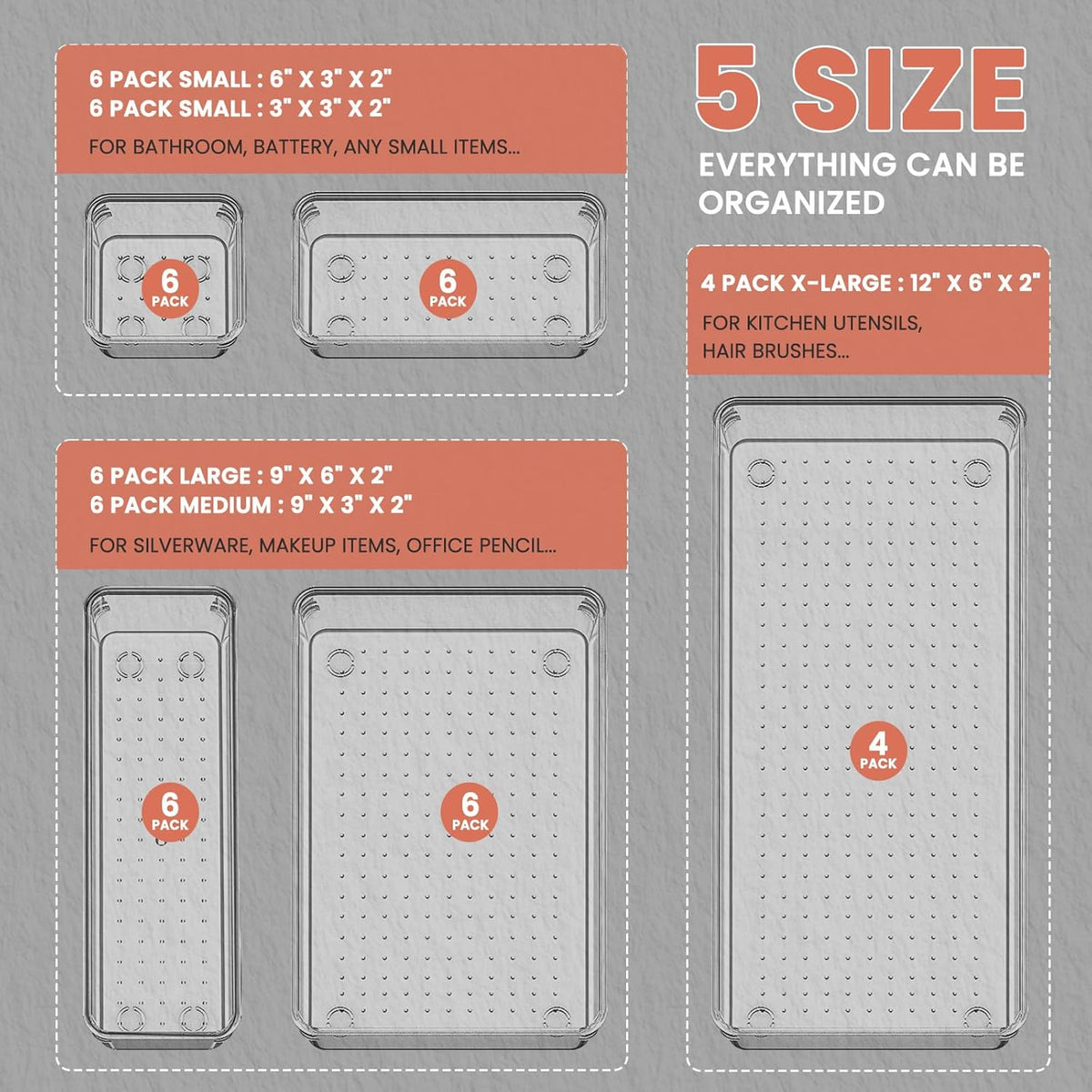 Large Clear Plastic Drawer Organizer 28 Pack - 5 Sizes (XL to small) Acrylic Drawer Organizer Trays