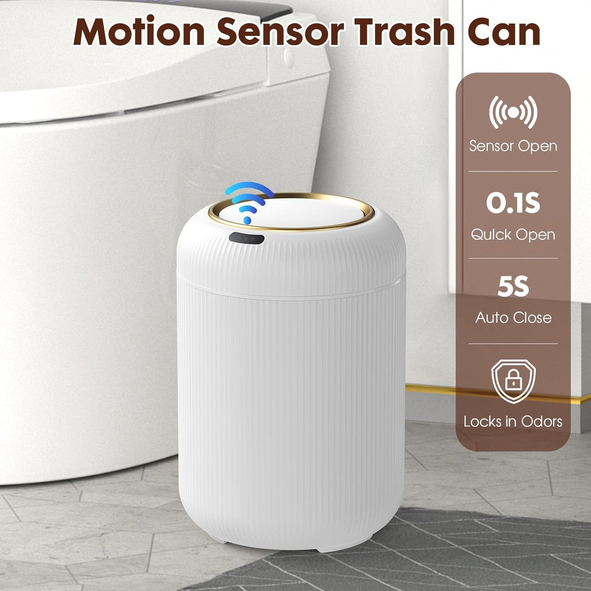 Procade Motion Sensor Trash Can with Lid, 3 Gallon Electric Bathroom Garbage can, Small White