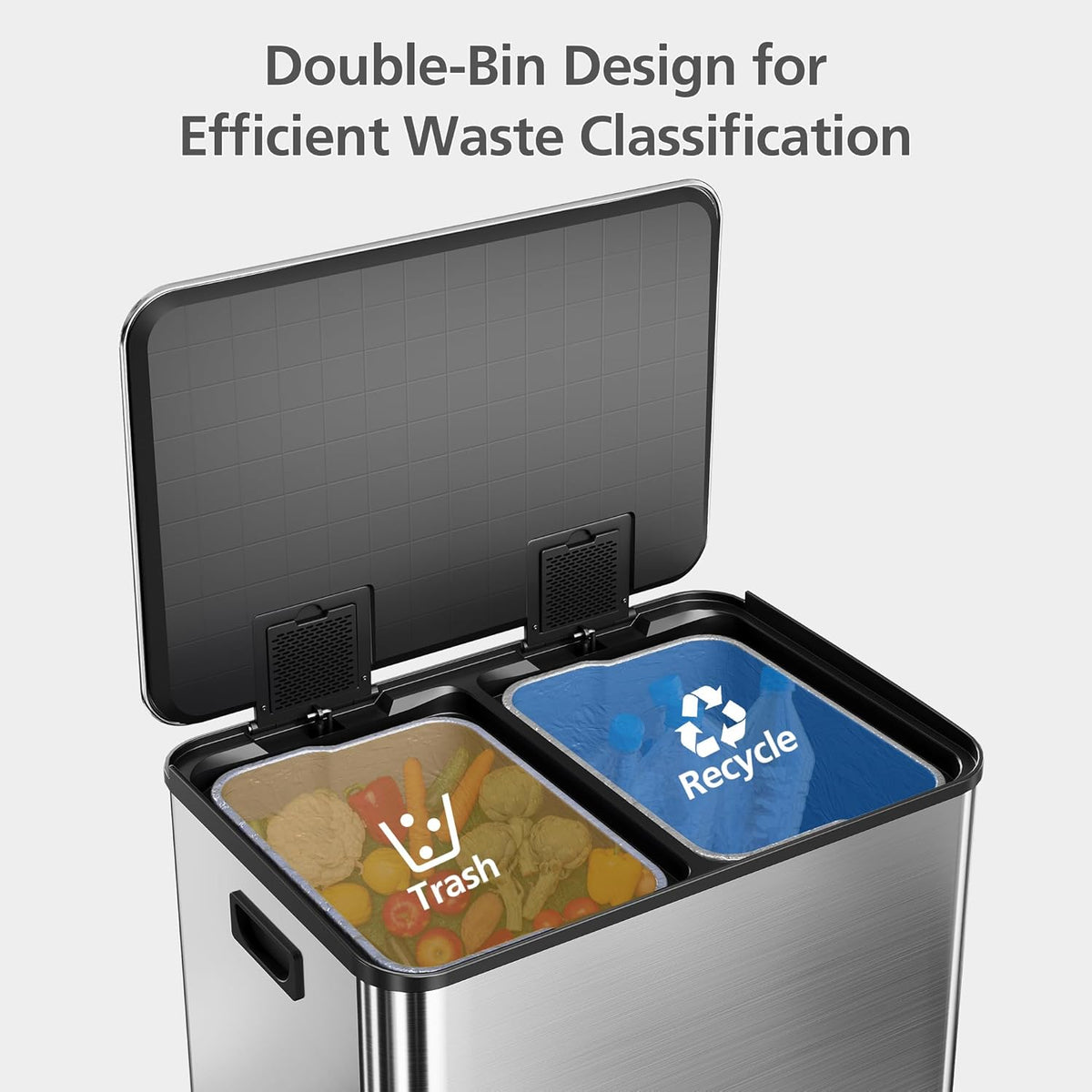 GarveeHome 60L/16 Gal Kitchen Trash Can,2×8 Gal Pedal Trash Bin with Removable Baskets,Stainless