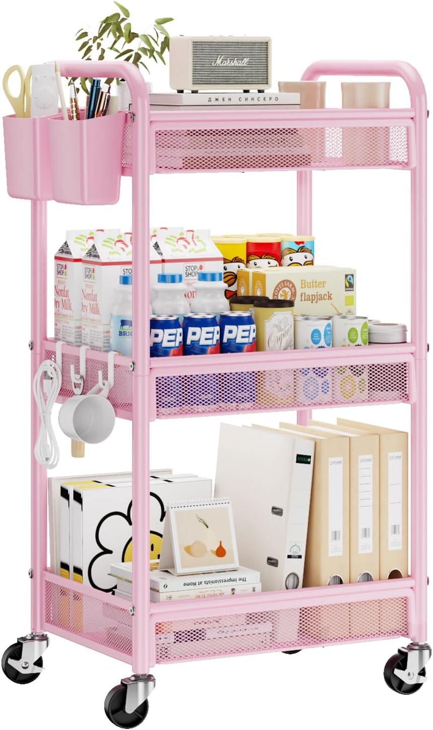 YASONIC 3 Tier Rolling Cart – Metal Utility Storage Cart with Wheels, Craft Cart Organizer with