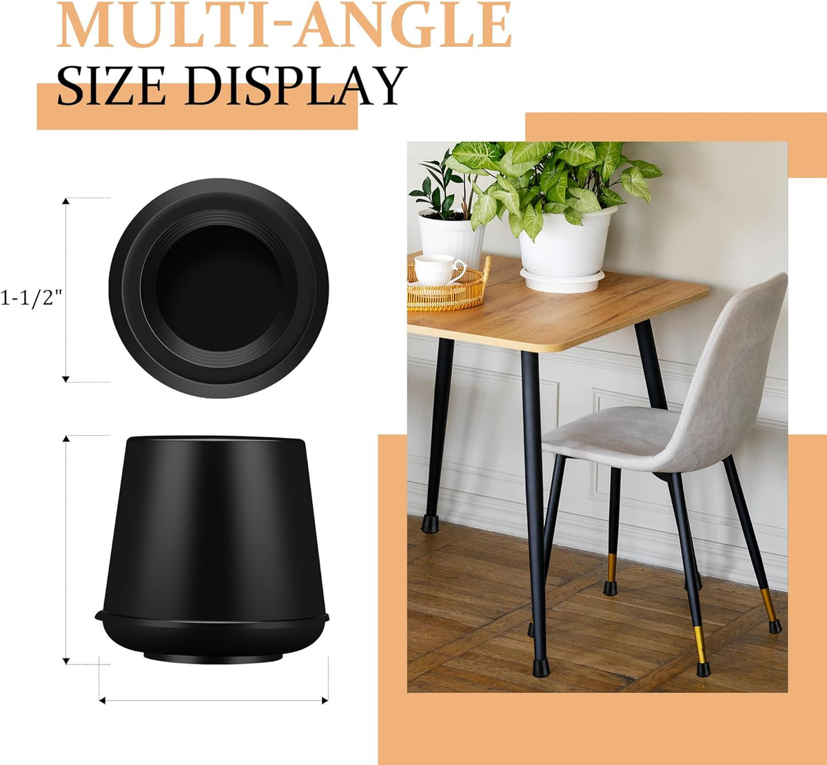 1-1/2” Round Rubber Chair Leg Tips Caps, Chair Leg Floor Protectors, Non-Slip Chairs Legs Caps
