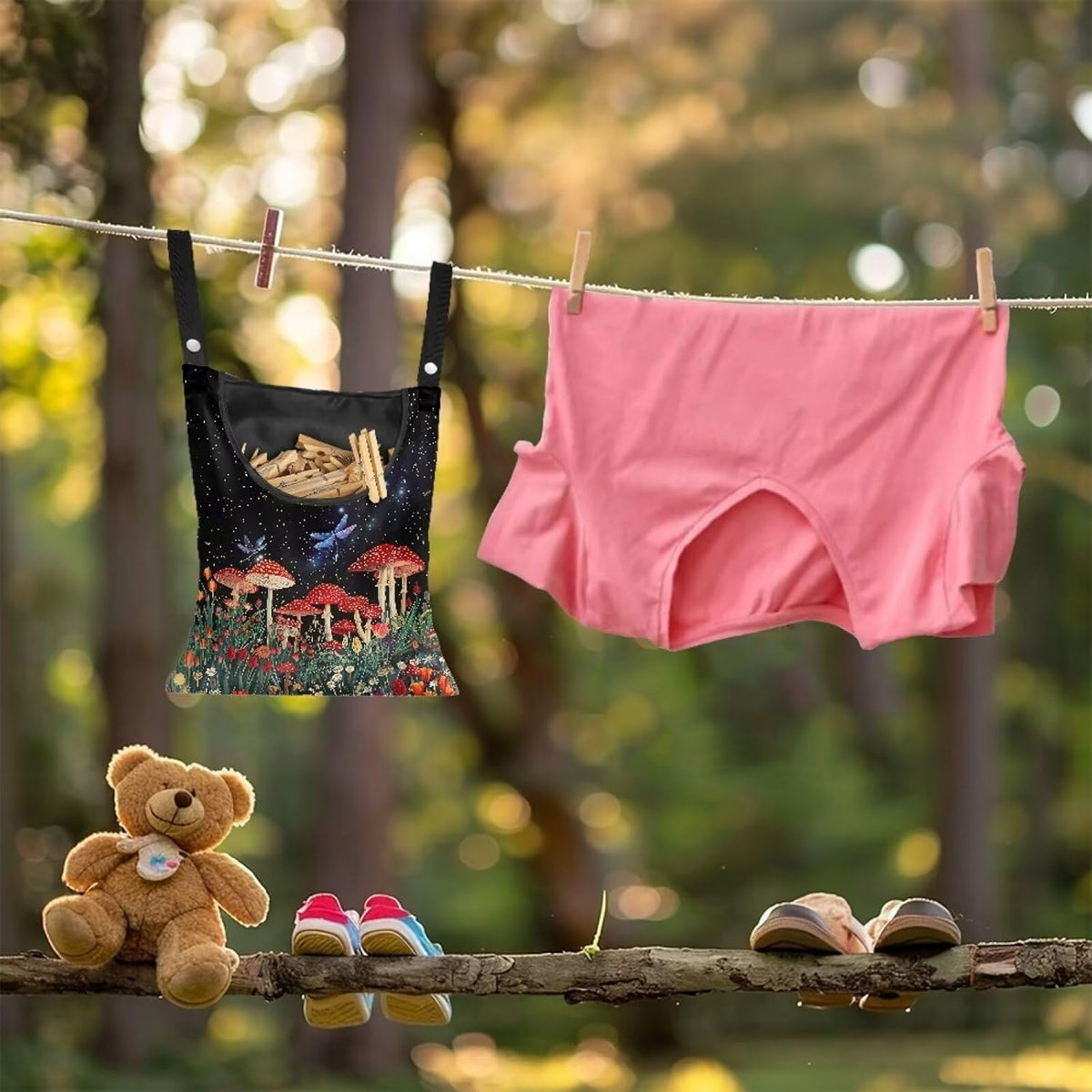 Red Mushroom Laundry Clothespin Bag - Adjustable Door-Hanging Storage Organizer with Rope for Home
