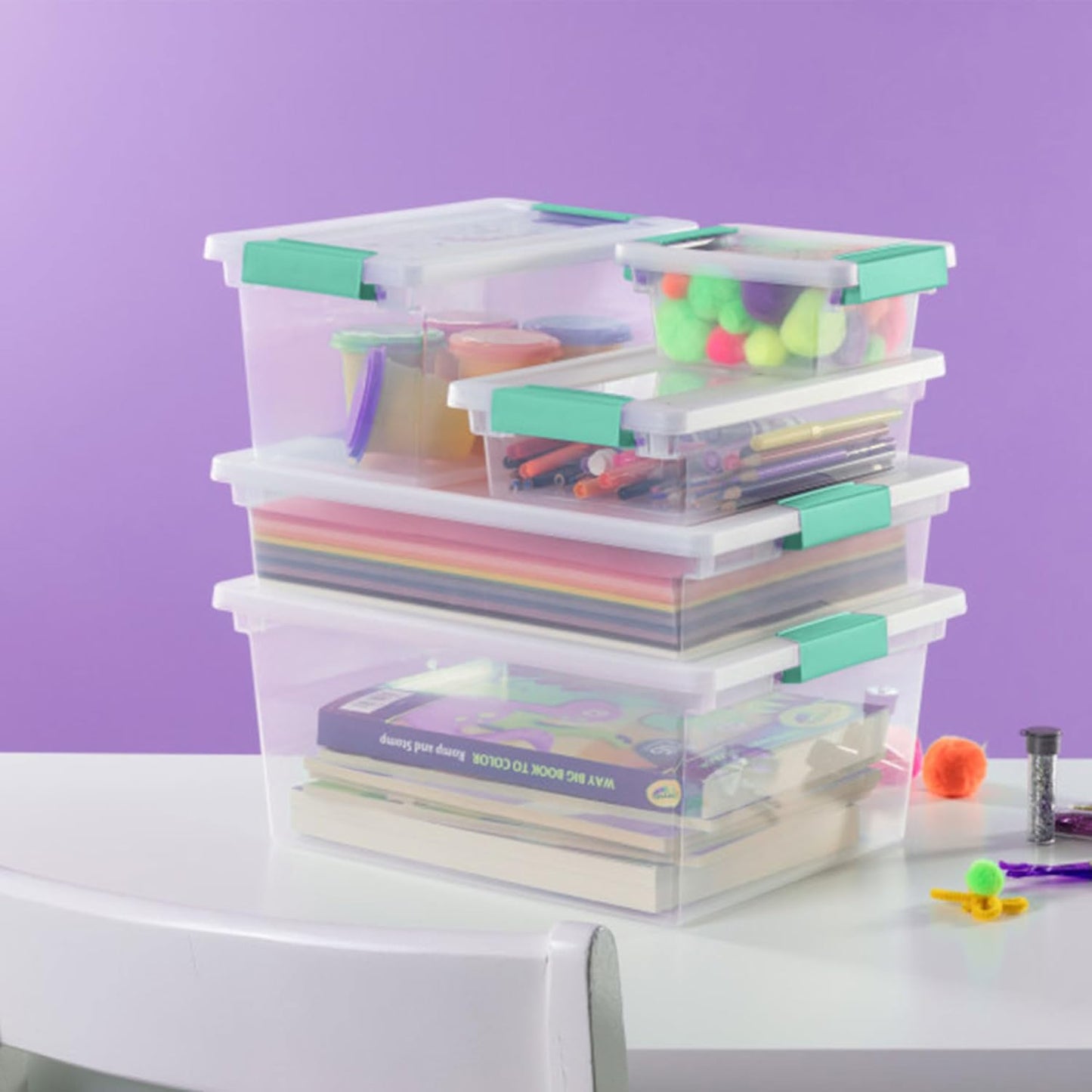 Sterilite 12-Pack Clip Box, Stackable Clear Plastic Bins with Latching Lids, Deep - Writing, Arts
