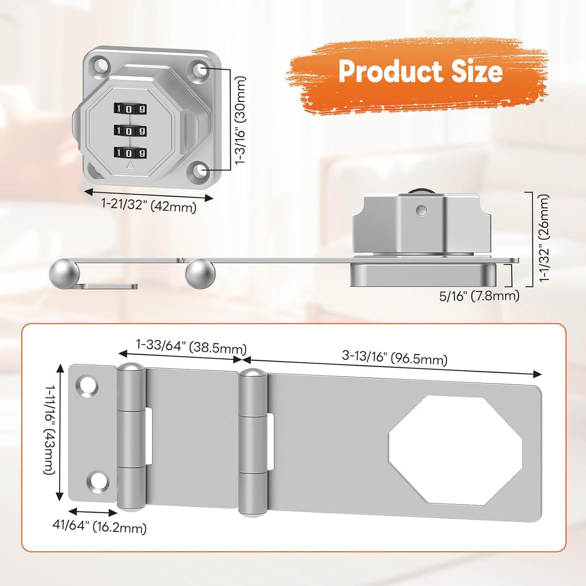 90 Degree 3-Digit Combination Cabinet Lock, Zinc Alloy Keyless Folding Hasp Lock Latch, Password