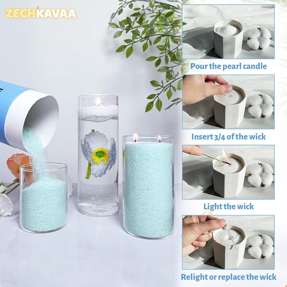 Sea Salt Scented Sky Blue Pearled Candle 18oz Luxury Sand Candle Granulated Wax - 30 Cotton Wicks