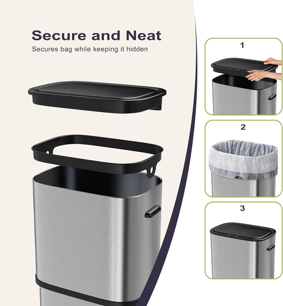 16 Gallon Kitchen Trash Can with Lid, 60L Touchless Motion Sensor Trash Can, Waterproof Brushed