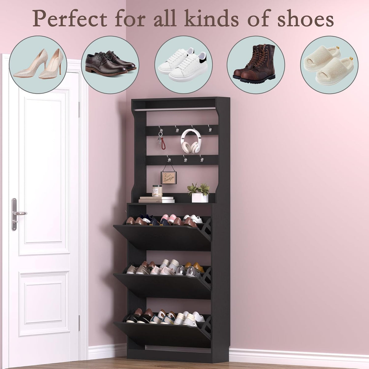 Shoe Cabinet with 3 Flip Drawers & Coat Rack, Narrow Hidden Shoe Storage Cabinet, 2-in-1 Hall Tree