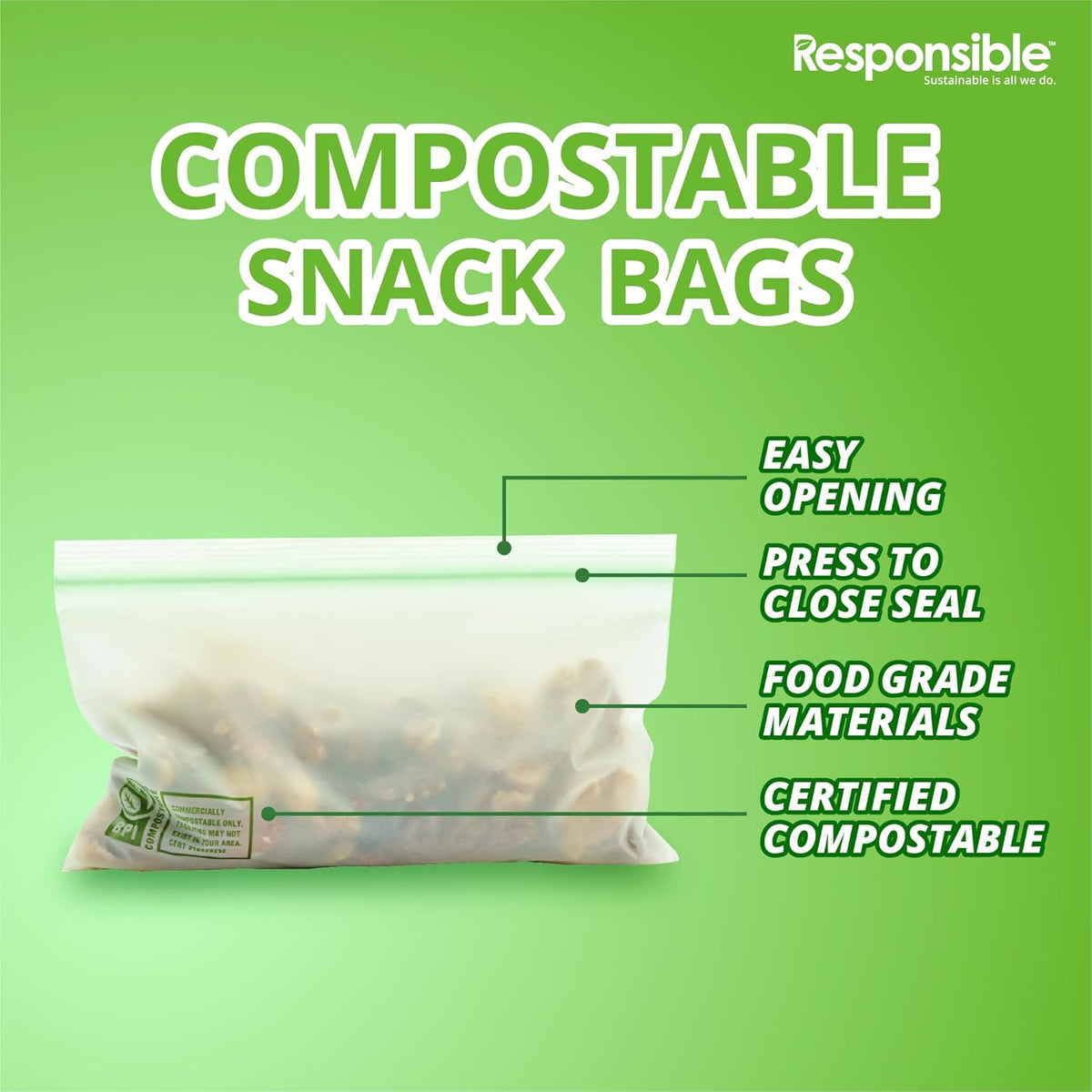 Responsible Products Certified Compostable SNACK Resealable Zip Bag, Extra Strength Food Bags