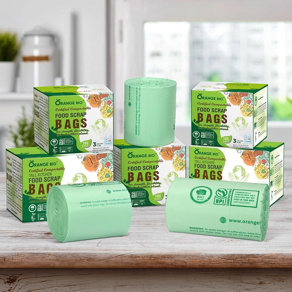 OrangeBio 6~8 Gallon Compostable Trash Bags, 100 Count, Plant-Based Garbage Bags for Kitchen