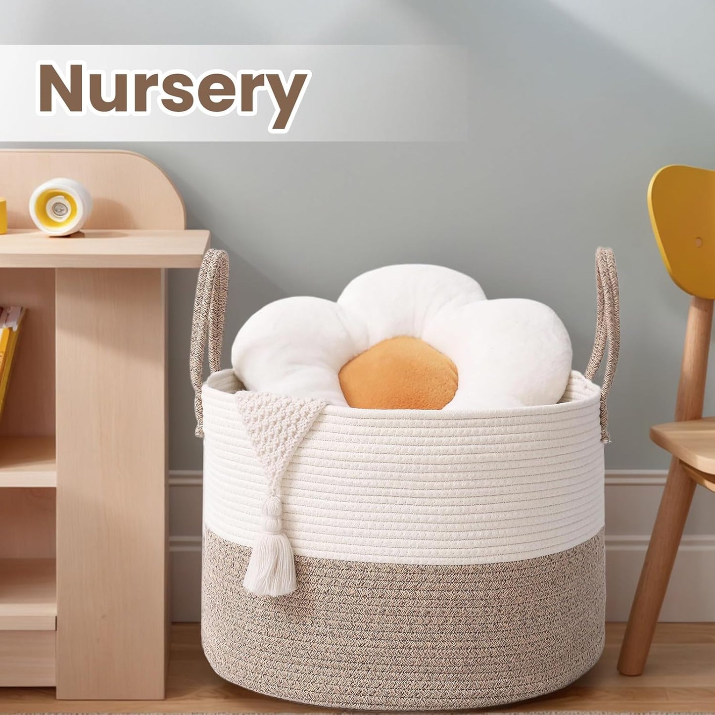 Woven Blanket Basket,115L Large Rope Storage Bin with Handles, Organizer for Blankets Toys Book and