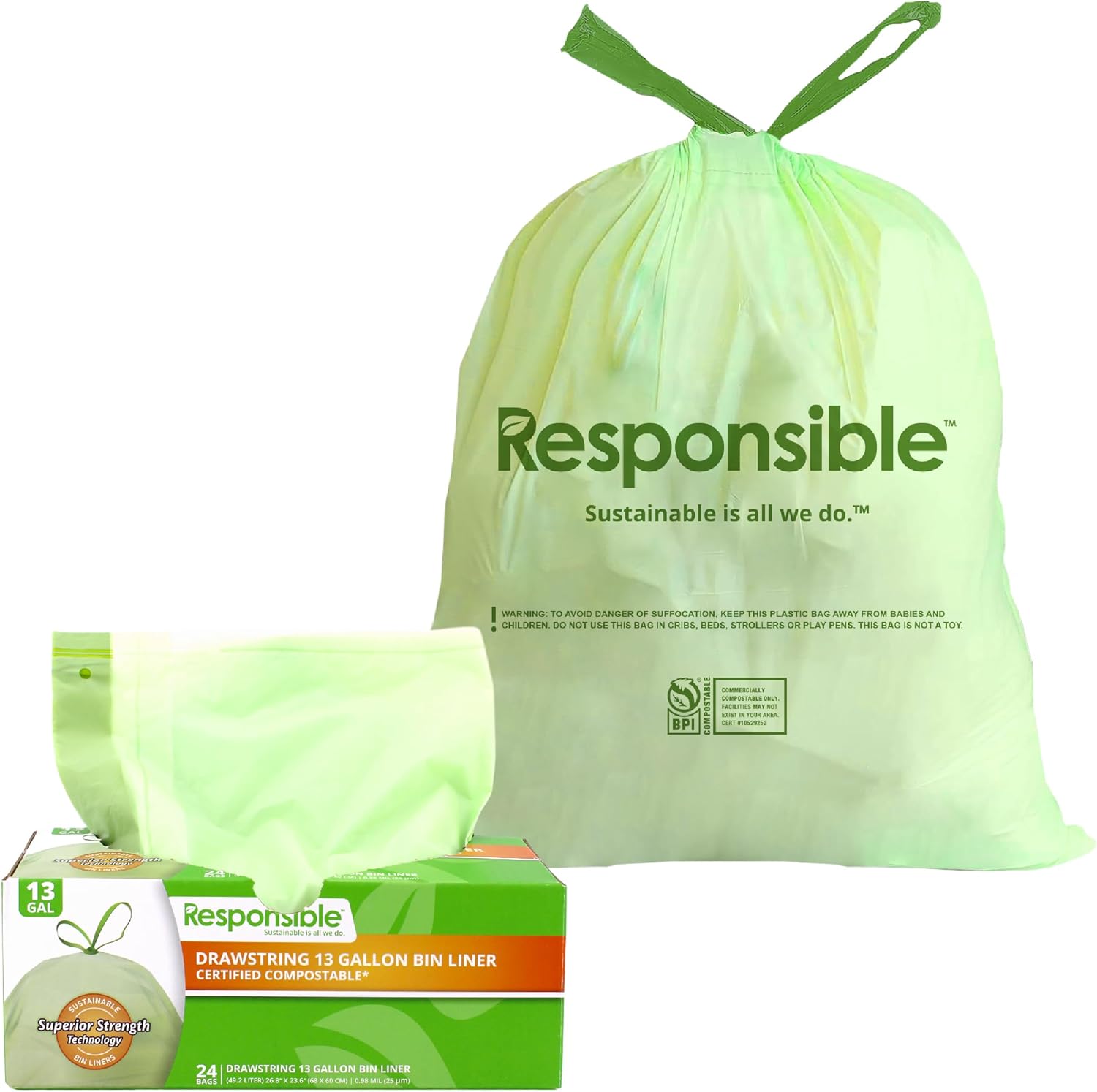 Responsible Products Kitchen Bin Liners, Certified Compostable, Heavy Duty Multipurpose Food Scrap