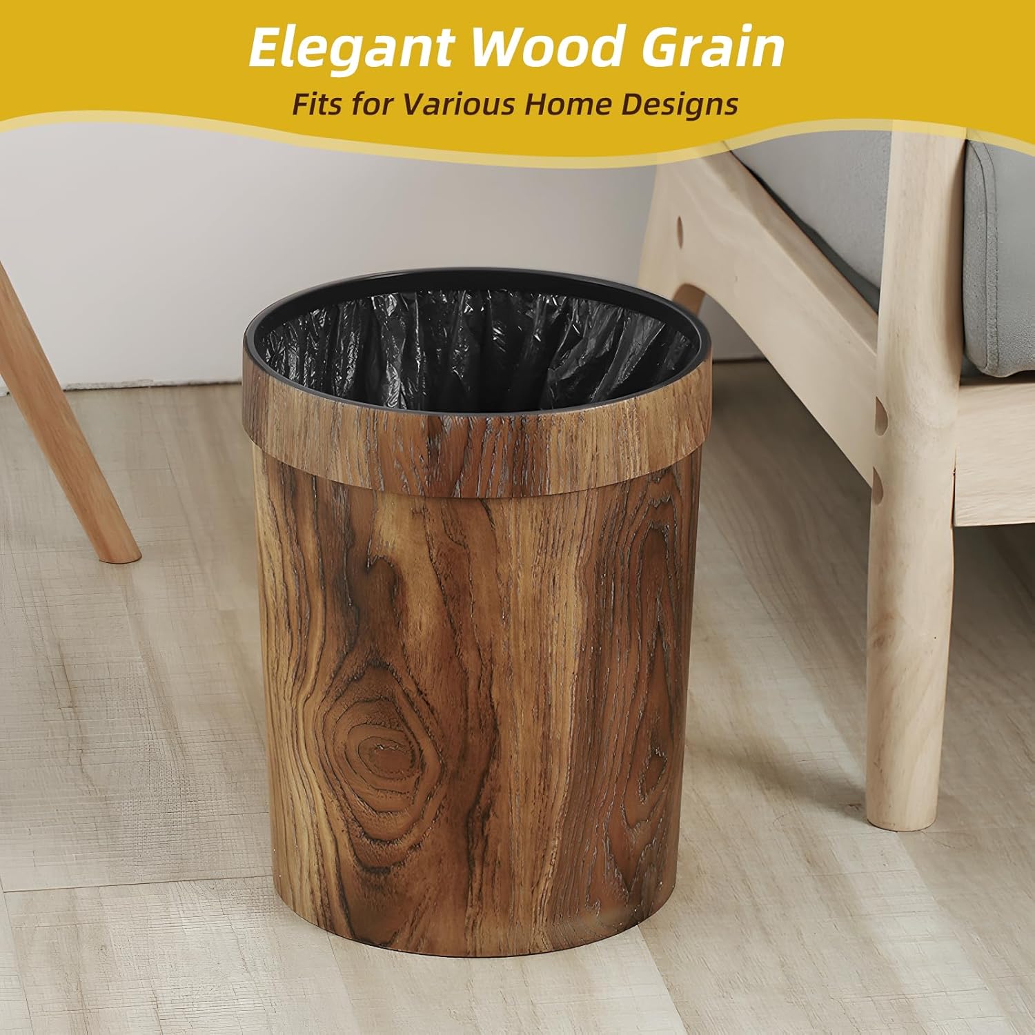 Wood Grain Plastic Trash Can Bedroom, Round 2-Pack, 3.4 Gal Farmhouse Wastebasket Bin Retro Style