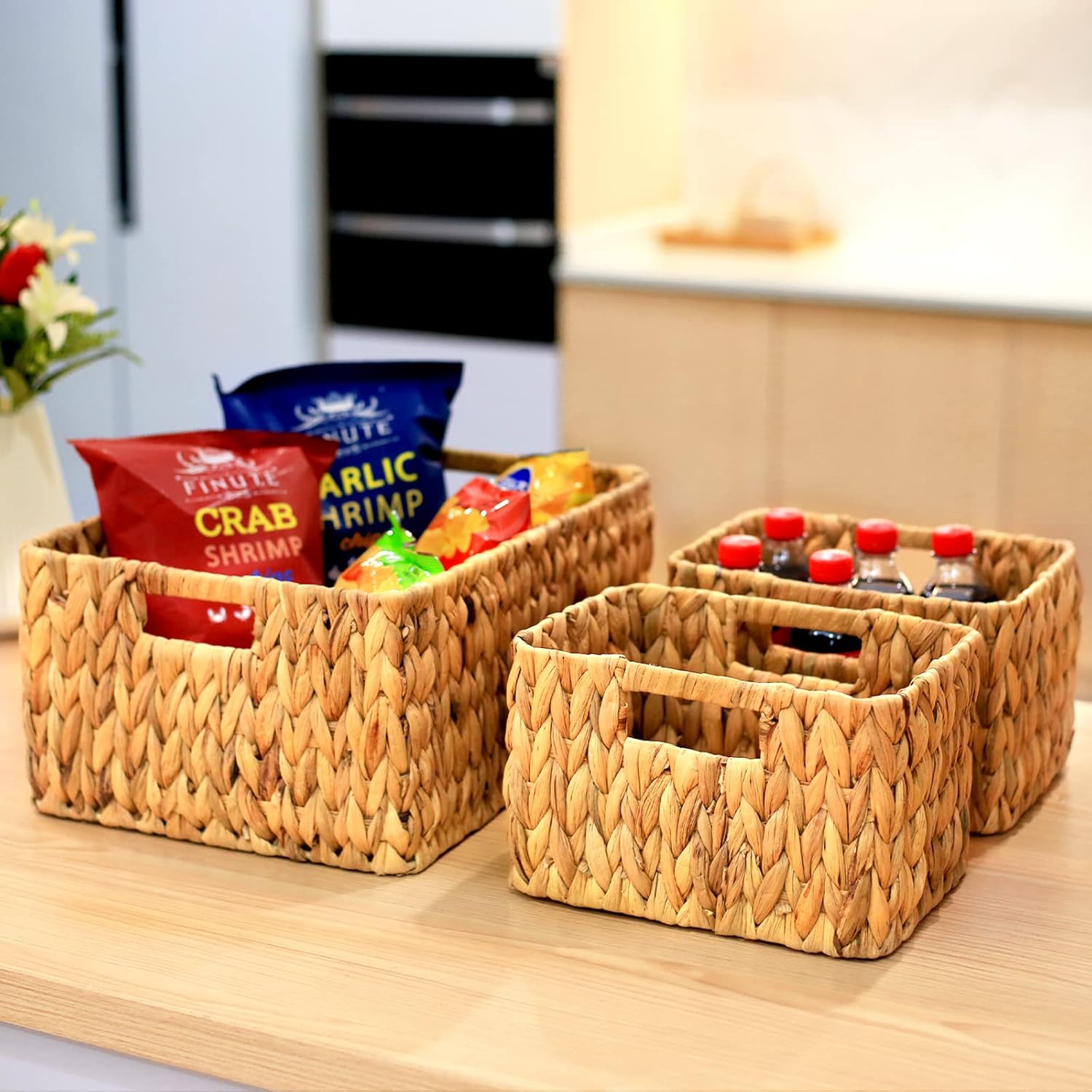 HOONEX Water Hyacinth Storage Baskets, Wicker Baskets for Storage, Hand Woven Baskets with Carry