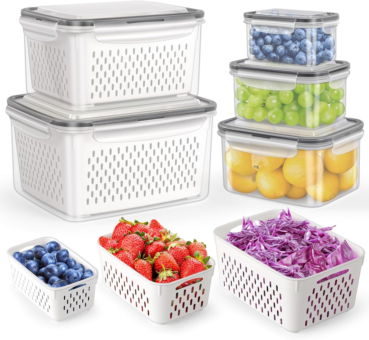 HOTEC 5-Pack Large Fruit Storage Container for Fridge Leak proof with Removable Colander, BPA Free