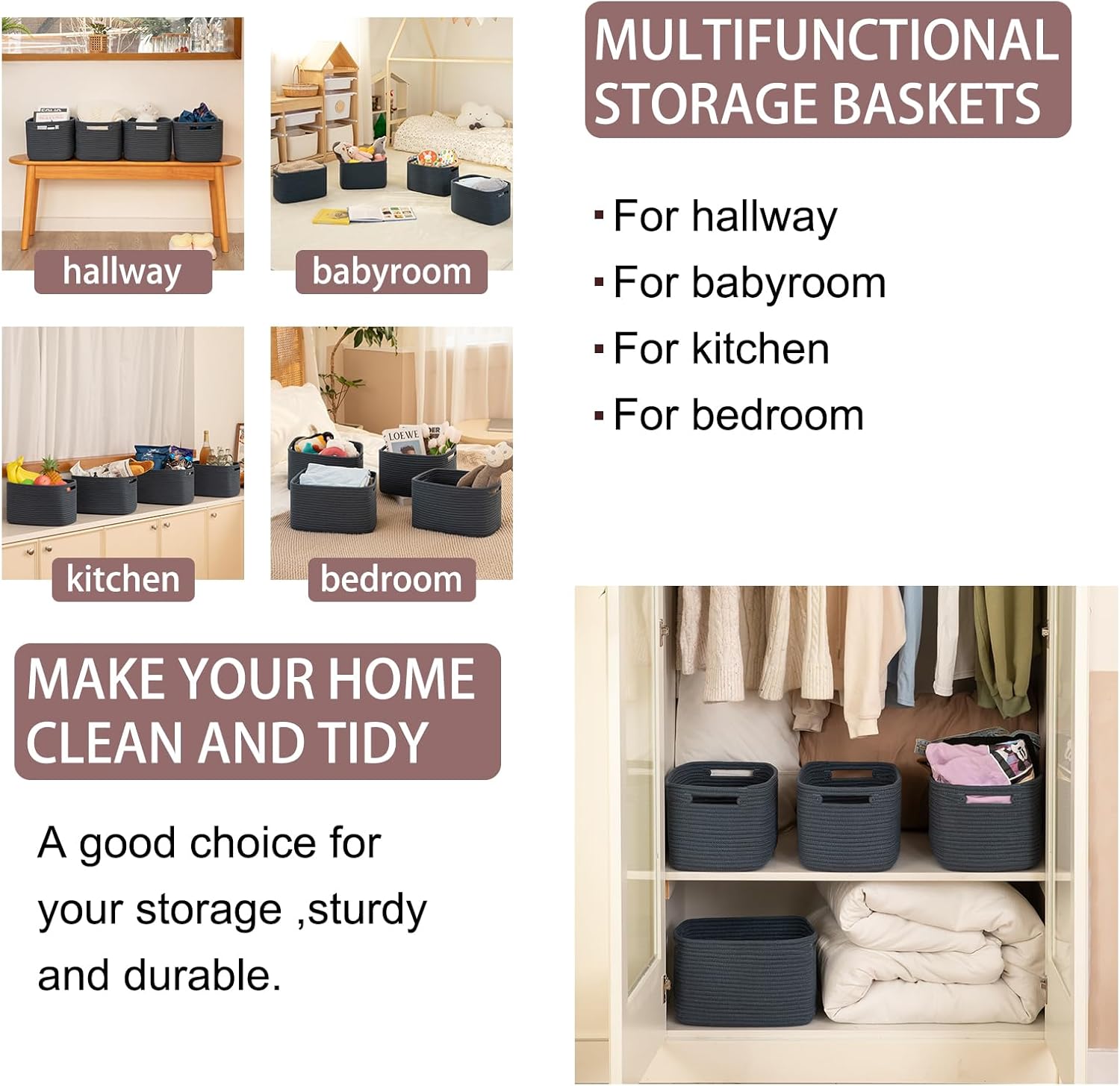 OIAHOMY 4 Pack Storage Baskets for Organizing, Cube Storage Bins for Shelves, Rectangle Storage