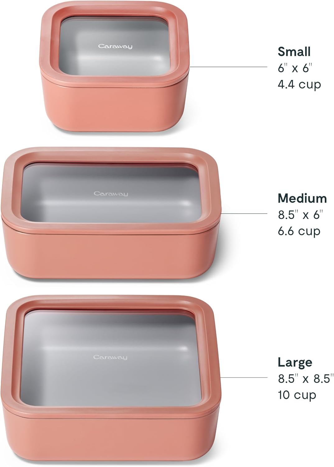 Caraway 3pc Glass Food Storage Set - 10, 6.6, & 4.4 Cup Containers - Ceramic Coated - Non-Toxic