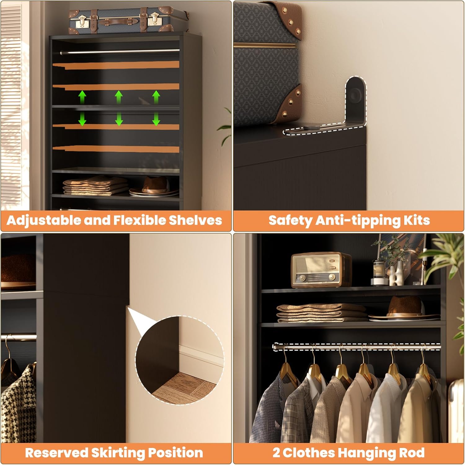 Unikito 3FT Freestanding Closet System with 2 Hanging Rods & Adjustable Shelve, 36'' Wood Closet