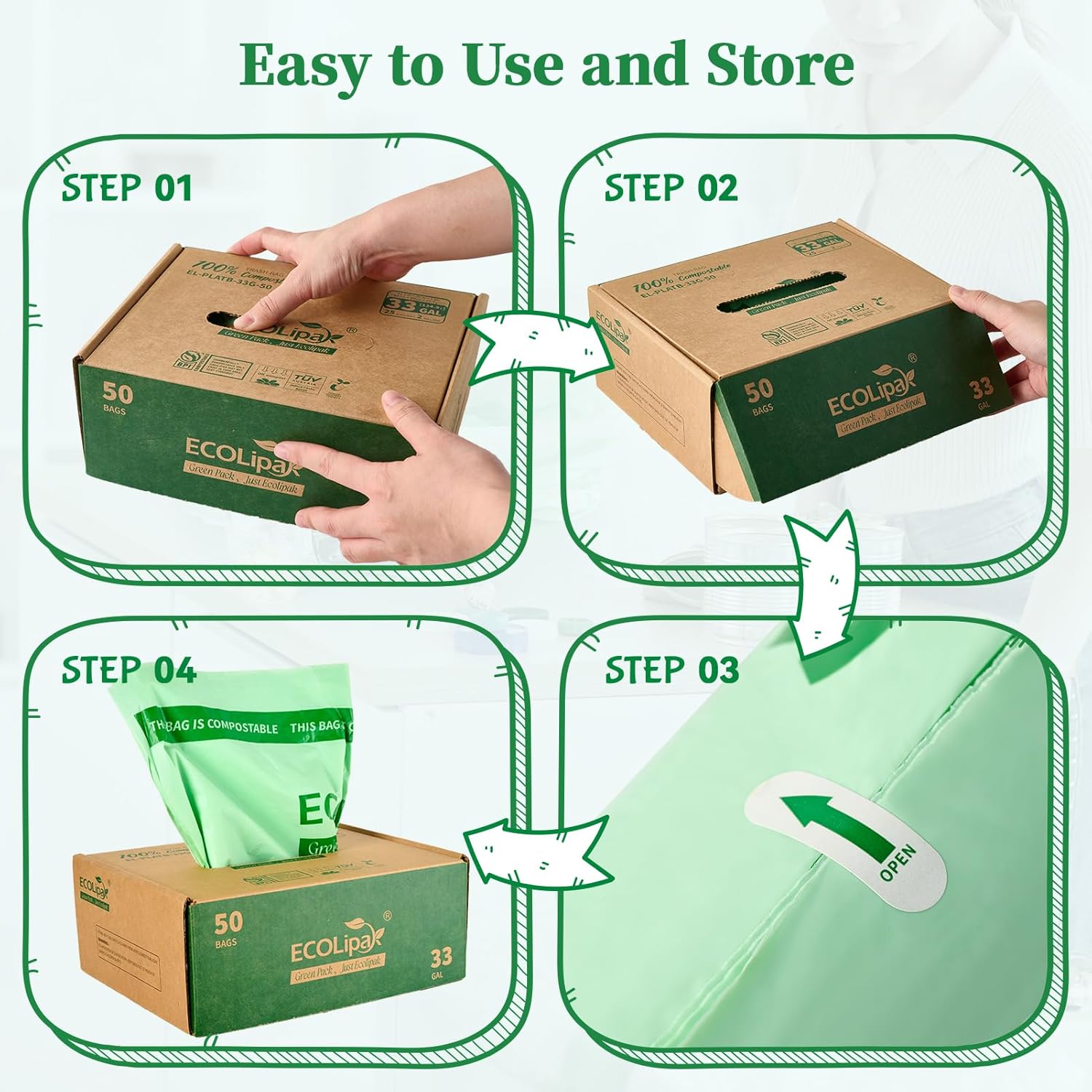 ECOLipak 33 Gallon Compostable Trash Garbage Bags, 50 Count (2 Rolls) Biodegradable Heavy Duty
