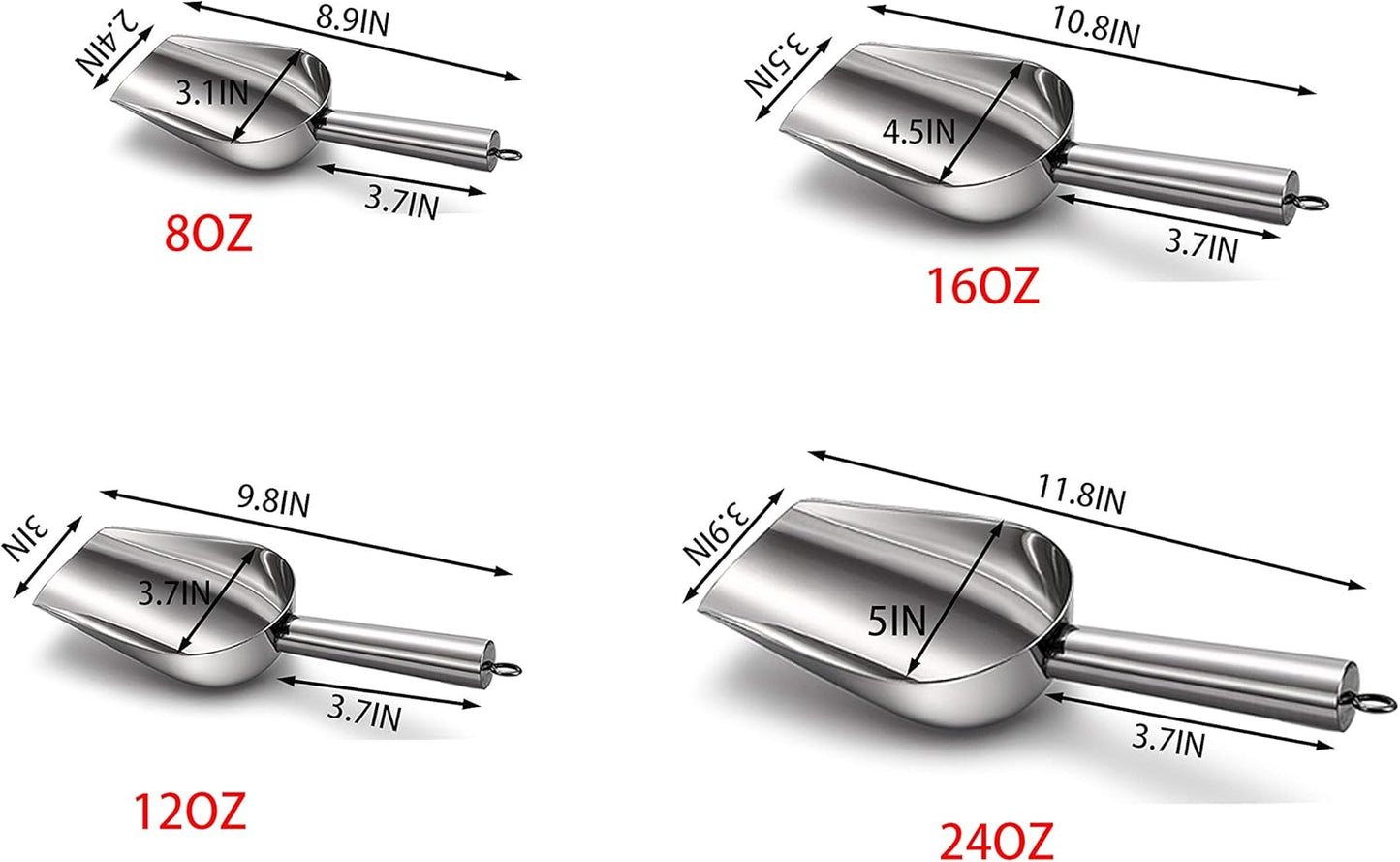 Cedilis 4 Pack Food Ice Scoops, 8oz, 12oz, 16oz, 24oz Stainless Steel Scoop, Heavy Duty Metal