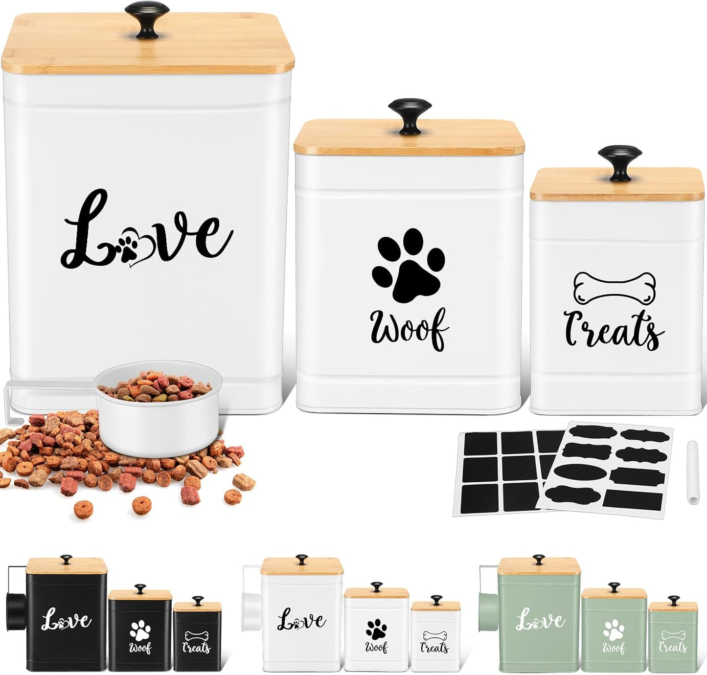 Metal Dog Treat Containers Set of 3 with Bamboo Lids and Spoon Airtight 7+3+2 lbs Dog Food Snack