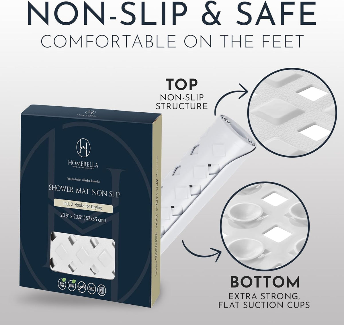 Homerella Anti Slip Shower Mat | Anti Mold Non Slip Bathtub Mat for Inside Shower | Square Floor