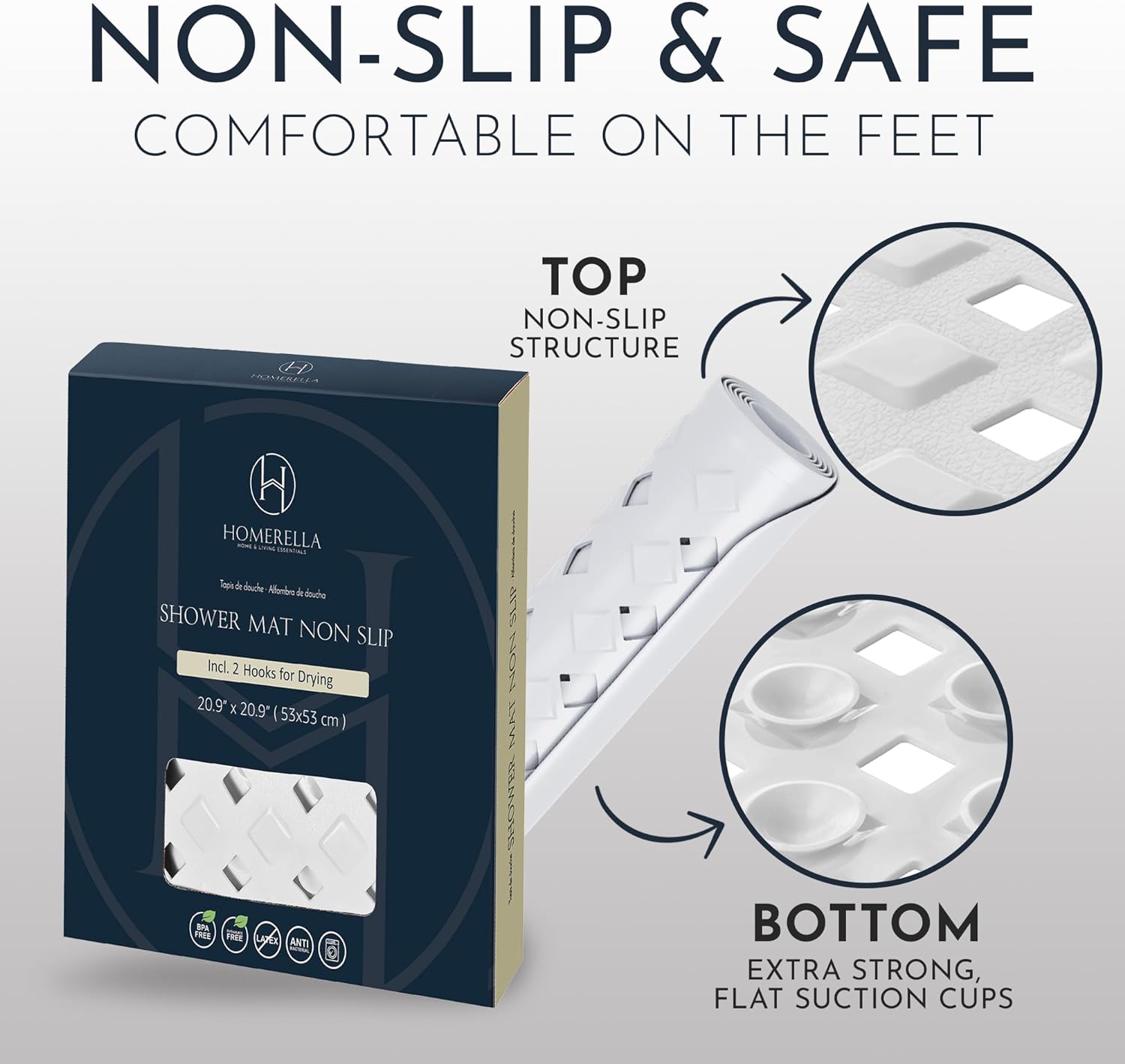 Homerella Anti Slip Shower Mat | Anti Mold Non Slip Bathtub Mat for Inside Shower | Square Floor