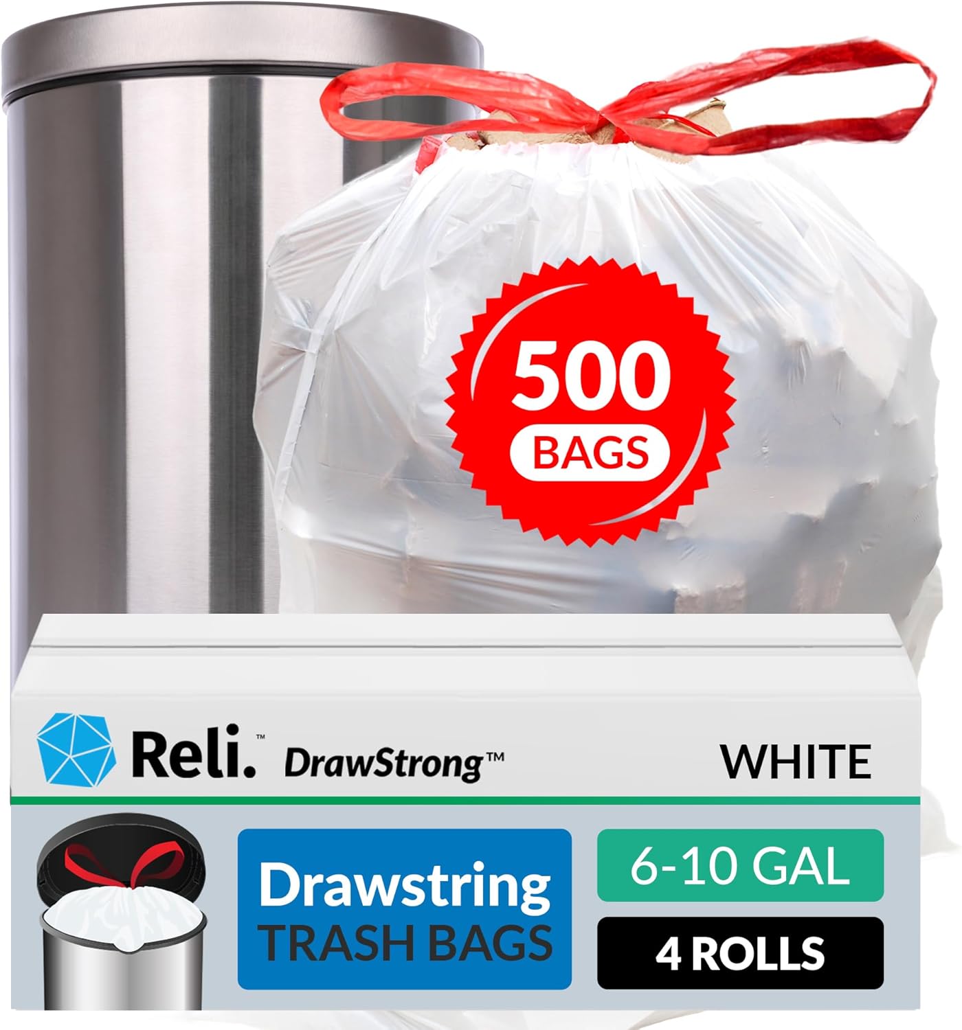 Reli. 6-10 Gallon Trash Bags Drawstring | 500 Count Bulk | 22"x23" | 6, 8, 10 Gallon Drawstring