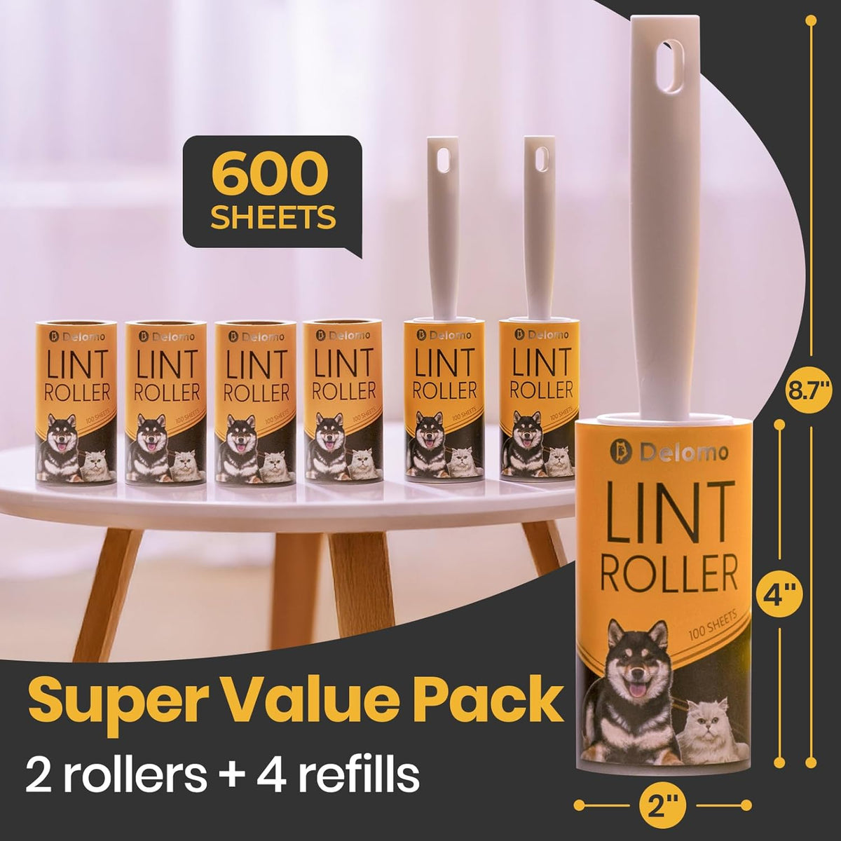 DELOMO Lint Roller 600 Sheets (2 Rollers + 4 Refills) - Lint Rollers for Pet Hair Extra Sticky