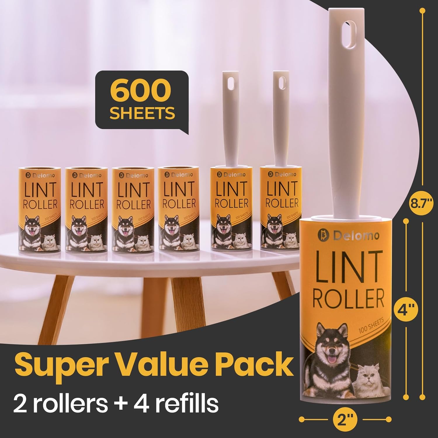 DELOMO Lint Roller 600 Sheets (2 Rollers + 4 Refills) - Lint Rollers for Pet Hair Extra Sticky