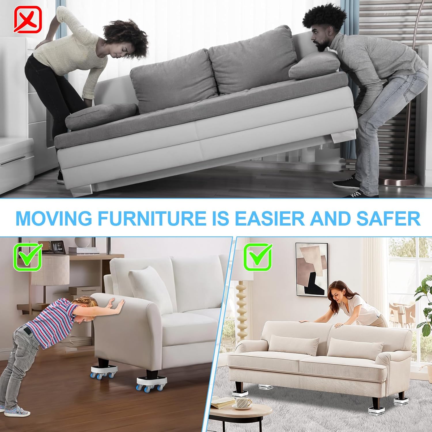 New Upgraded Furniture Sliders for Hard Floors & Carpets, 2-in-1 Furniture Movers with Wheels