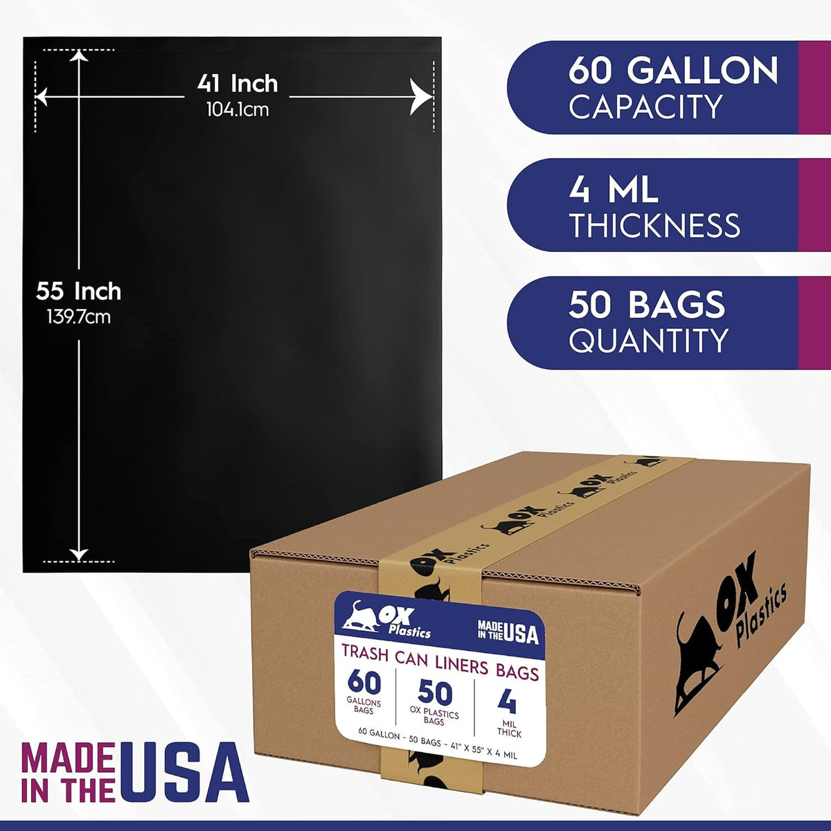 Ox Plastics Trash Can Liners Bags - Extra Heavy Duty Strength - Large Garbage, Leak-Proof &