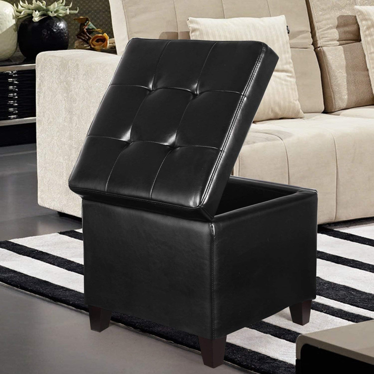 Adeco Storage Ottoman Foot Rest Stool, Leather Ottoman Footstool with Wood Legs and Hinged Lid, 18"