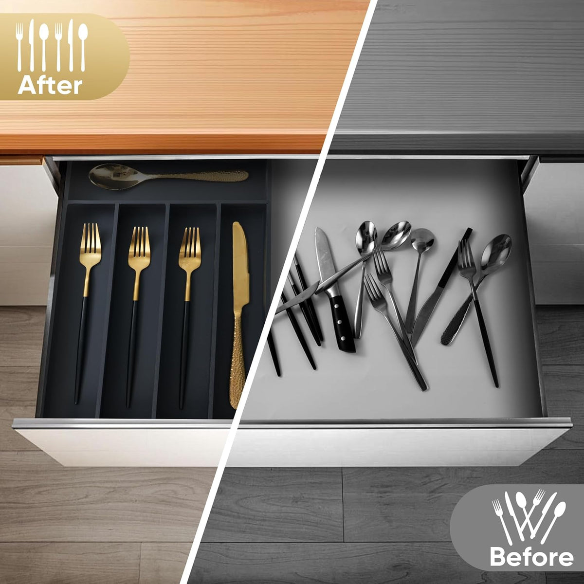 Silverware Organizer, 10 Inch Utensil Organizer Kitchen Drawer Organizer Bamboo Silverware Holder