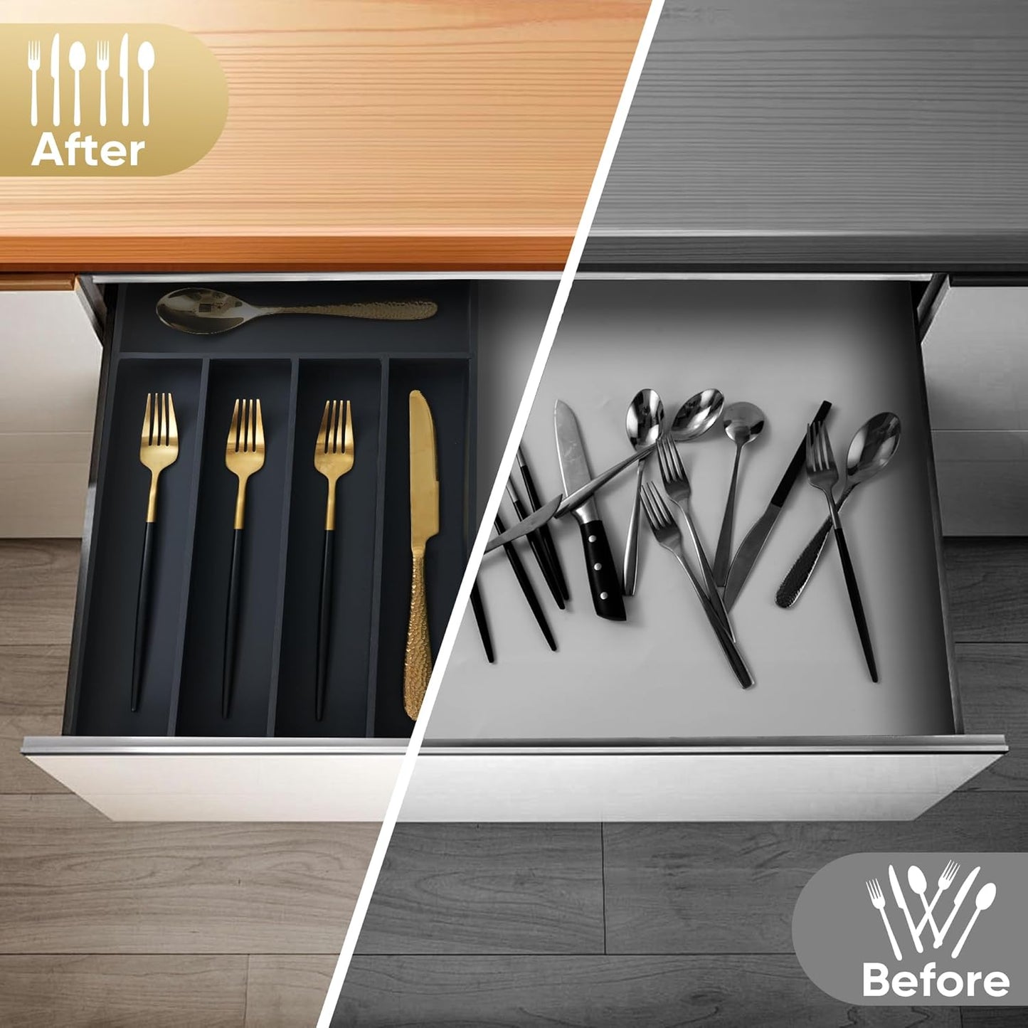 Silverware Organizer, 2 Pack 10 Inch Utensil Organizer Kitchen Drawer Organizer Bamboo Silverware