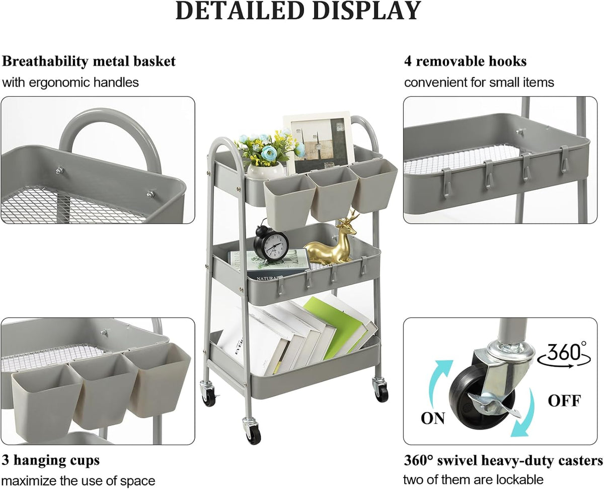 danpinera 3-Tier Rolling Cart, Metal Rolling Storage Cart with Lockable Wheels & Hanging Cups &