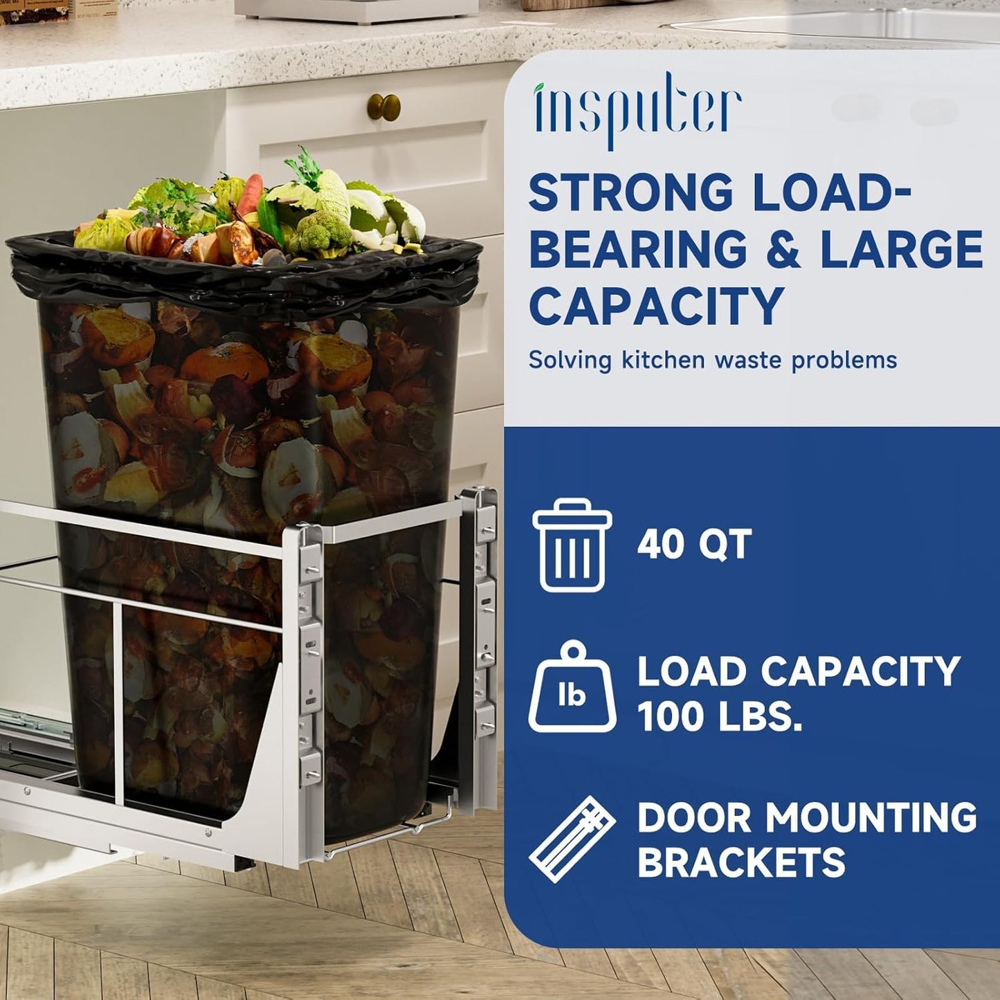 Pull Out Trash Can Under Cabinet with Push to Open Slides, Insputer Heavy Duty Under Sink Garbage