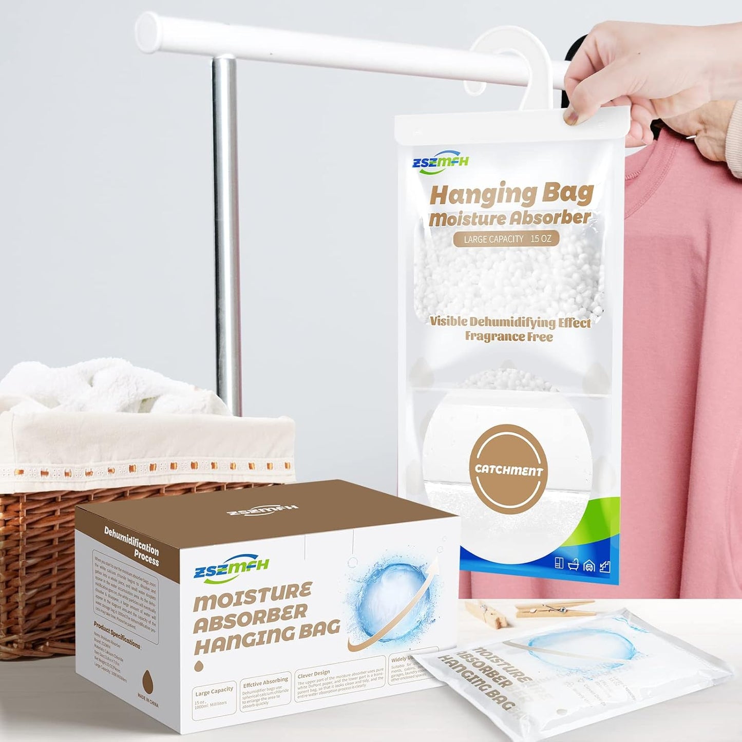 ZSZMFH 8 Pack Moisture Absorber Hanging Bags, Fragrance Free Humidity Packs, 15 OZ Dehumidifier