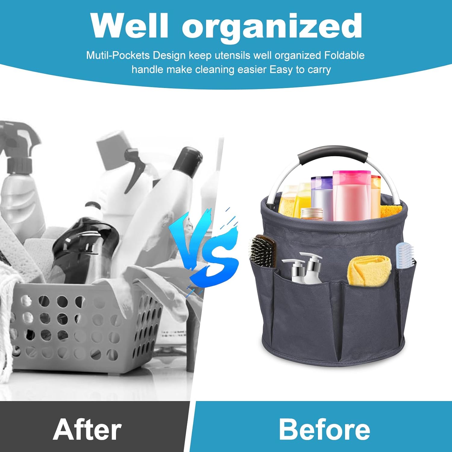 Qivine 17L Cleaning Caddy with Handle, Cleaning Supply Caddy Foldable Tool Bag Cleaning Products