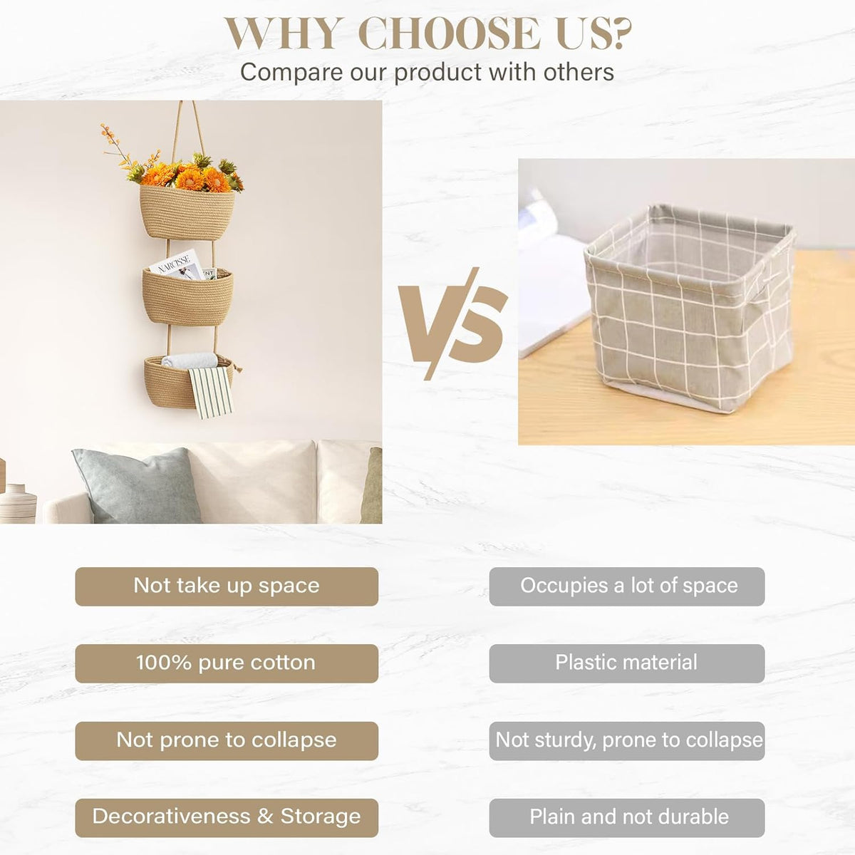 TeoKJ Over the Door Hanging Basket, 3-Tier Woven Cotton Wall-Mounted Storage Organizer Bag