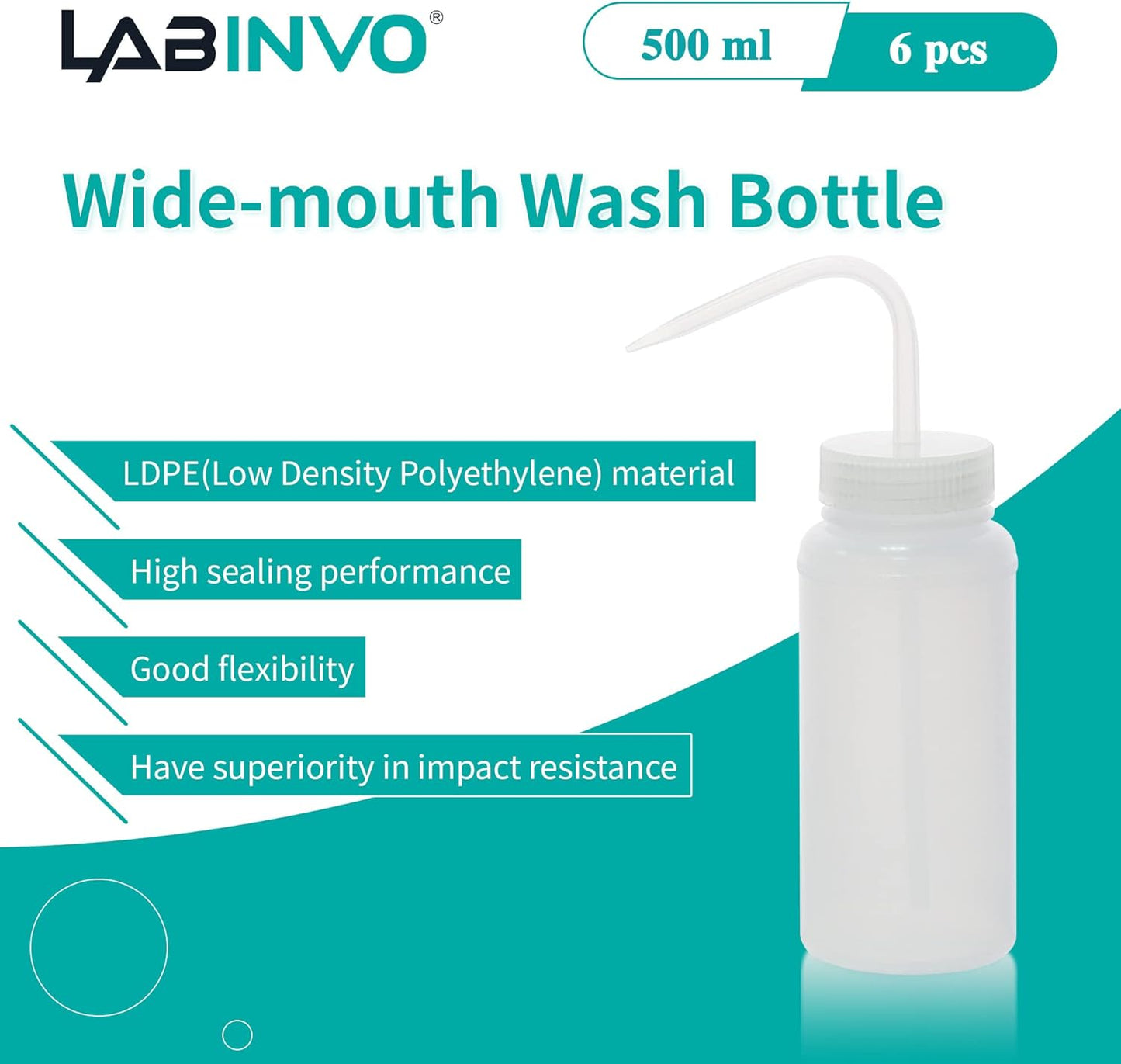 6pcs of Economy Wash Bottles, Vol.500ml (17oz), Wide-Mouth, Self-Venting Safety Wash Bottles, LDPE