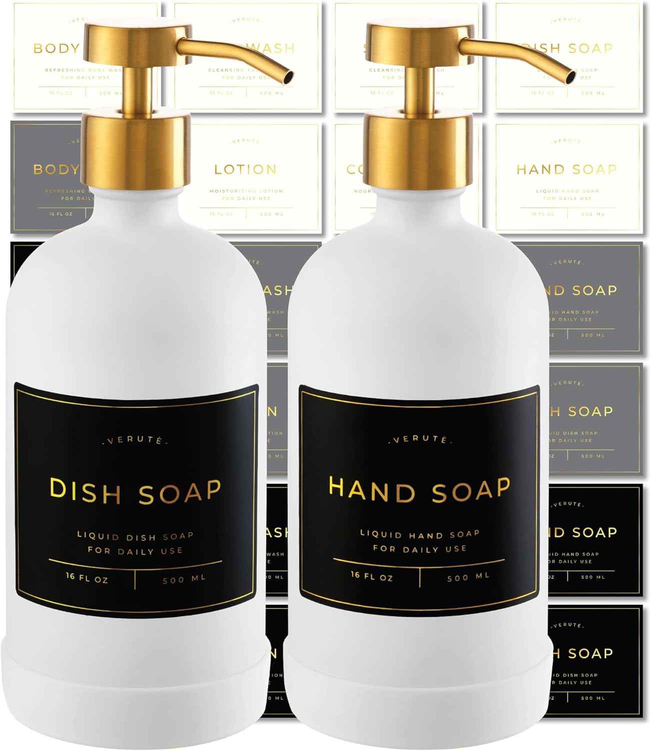 16oz Glass Soap Dispenser with Stainless Steel Pump, 21 Waterproof Labels, Non-Slip Protective
